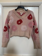 Monki Ladies Crop V neck Sweater Jumper Pink Floral Size S