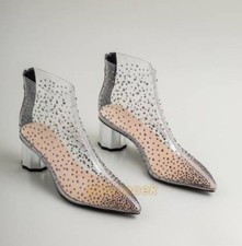 Womens Pointy Toe Rhinestones Pumps Zipper Ankle Boots Block Heels Casual Shoes