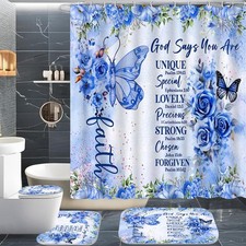 4 Pcs Blue Butterfly Inspirational Quotes Shower Curtain Set with 12 Hooks