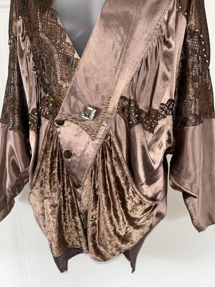 MON-LIZ Paris 80s 90s Lagenlook Brown Velvet Lace Satin Blazer France Vintage-L - Image 2 of 4