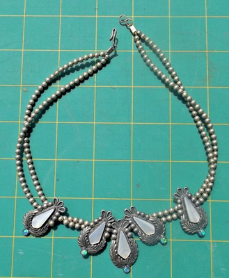 Vintage Signed Silver Squash Blossom Necklace w/ Mother of Pearl & Blue opal