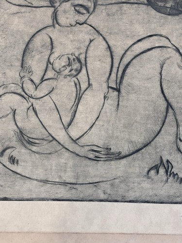 Estampe gravure vintage signée mère et enfant moderniste figuratif maternité art - Photo 5 sur 18