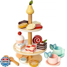 PairPear Tea Party Set Dessert Stand Playset -Wooden Toys Pretend