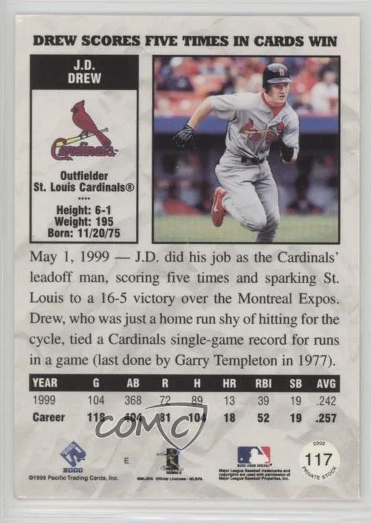 2000 Pacific Private Stock JD Drew #117 - Image 2 of 2