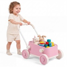 Baby Push Walker w/Wheels,Toddler Play Wagon w/Foldable Handlebar Storage Basket