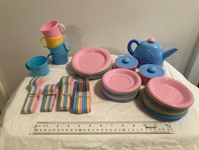 HUGE LOT - VTG 2000s Plastic Children  s Tea Set Toy - Pink Yellow Teal Blue