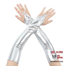 19 Inch Womens Long Metalic Fingerless Gloves Shiny Wet Look Satin Opera Silver