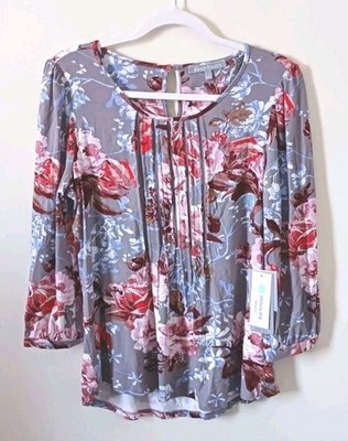 Daniel Rainn Floral Pleated Blouse Womens S Gray Red Knit Top NWT