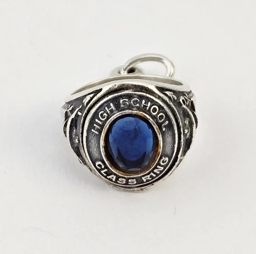 Vintage Sterling Silver High School Class Ring Charm Blue Stone 925 - 4.2g