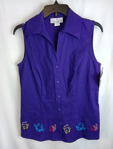 Miss Dorby lila ärmelloses Button-Down-Shirt Fisch & Krabbe Strandmotiv Gr. 8 neu mit Etikett - Bild 2 von 7