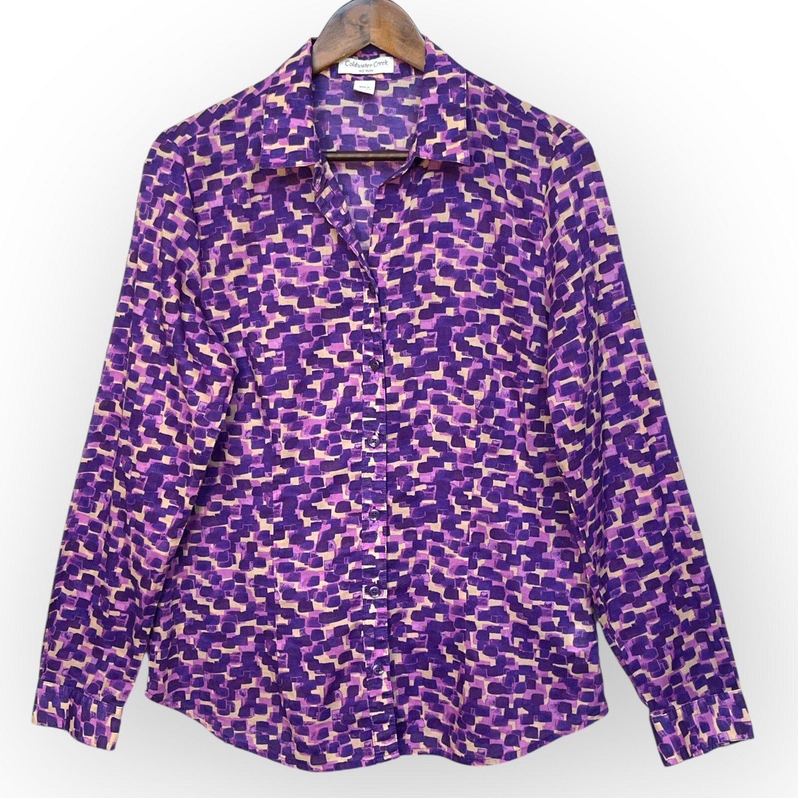 Coldwater Creek No Iron Top Women Size M Purple Print Button-Up 100% Cotton