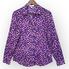 Coldwater Creek No Iron Top Women Size M Purple Print Button-Up 100 Cotton