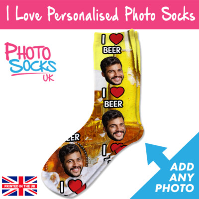 I Love Beer Personalised Photo Socks Great Gift Fathers Day Gift Add Any Photo