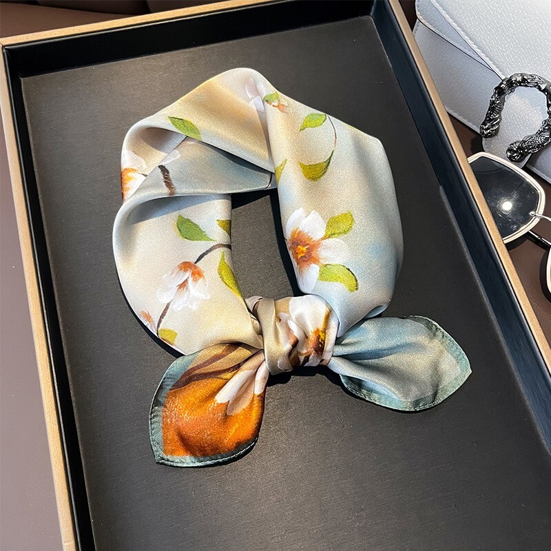 100% Pure Silk 21 Inch Blue Yellow Floral Scarf Bandana Wrap for Women