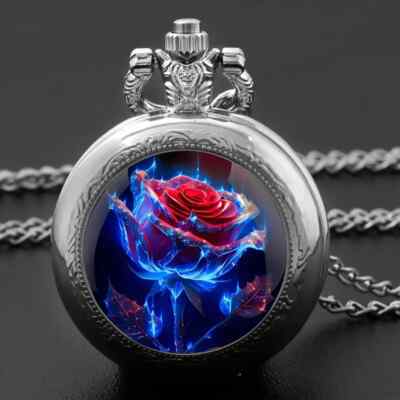 Vintage Blue Rose Quartz Pocket Watch Silver Fashion Necklace Pendant Men  Women