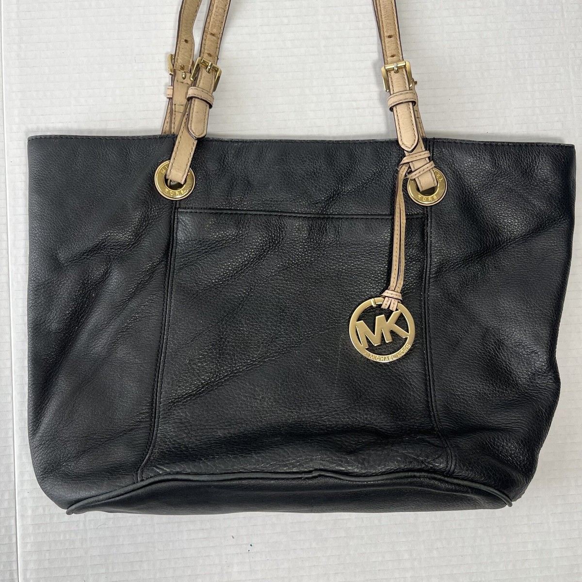 Michael Kors Black Leather Purse Shoulder Bag Tan Strap Logo