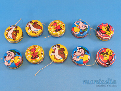 VINTAGE 1960s TIN LITHO YO-YOs LOT of 10 * JAPAN * CARTOON DOG CAT