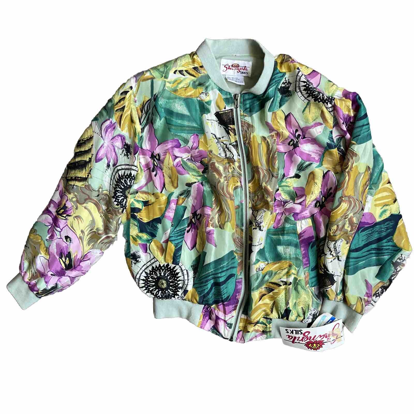 Vtg Silk Bomber Varsity Jacket Womens S NEW Floral Lover Bright Cottage Bohemian