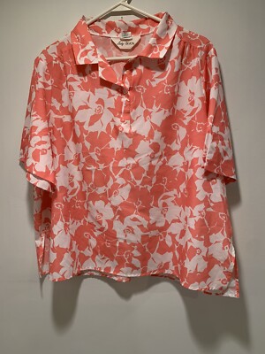 Lady Devon Blouse Size 20W(2X) Short Sleeve Button Placket Pink And White Floral