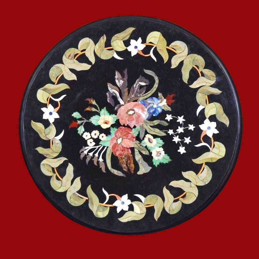 24-Inch Black Marble Pietra Dura Handcrafted Stone Tabletop Home Decor