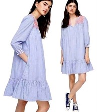 J.Crew Leda Embroidered Blue White Stripe Popover A-Line Dress Size L New NWT