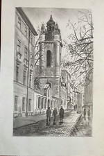 ::DISEGNO BIANCO E NERO STRADA LATERALE IN RUSSIA CON CAMPANILE PERSONE