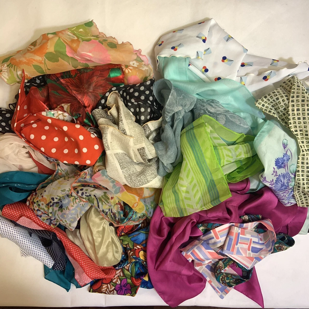 Lot of 25 Vintage Silk Chiffon Patterned Scarves Hankies Bowties Italy Retro