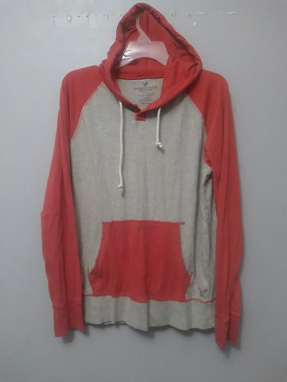 American Eagle Hooded Long Sleeve Shirt Light Hoodie Medium Gray Red Hood Pocket