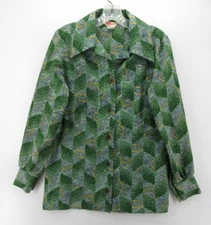 VINTAGE Laura Mae Top Women Medium Green Button Up Shirt 70s Funky Disco 32