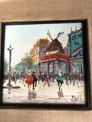 Parisian Street Scene Moulin Rouge Post Impressionistic Oil on Porcelain Tile