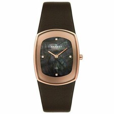 NEW SKAGEN BROWN LEATHER BAND,MOP DIAL,ROSE GOLD+CRYSTAL WATCH 649SRLD