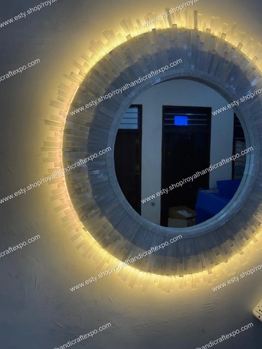 Round Selenite Mirror, Wall Hanging Mirror, Selenite Gemstone Crystal Mirror, El - Picture 4 of 19