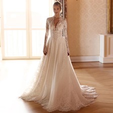 Lace Wedding Dress V Neck Long Sleeves See Through Body Sweep Train A Line Bride