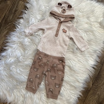 Little Me Baby Bear Hooded Bodysuit Pants Set 6M Long Sleeve Outfit Beige Brown 