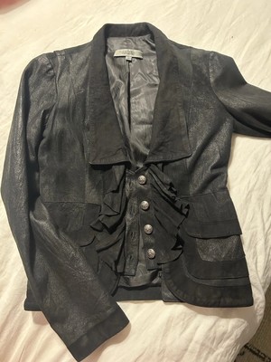 Habitual Brushed Leather Jacket With Suede Piping And Front Ruffle