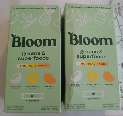 (2 PACK) Bloom Nutrition Superfood Green 36 Single Servs Mango Coconut Pineapple