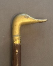 Antique Vintage Carved Wood Walking Stick Cane w Brass Duck Head Handle - 38.5"
