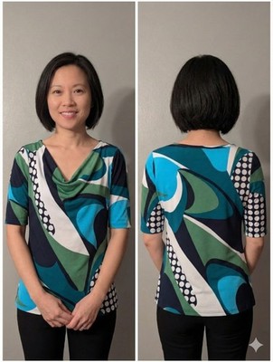 Dressbarn Petite S Top Cowl Neck Geometric Mod Swirl Print Short Sleeve Blue...