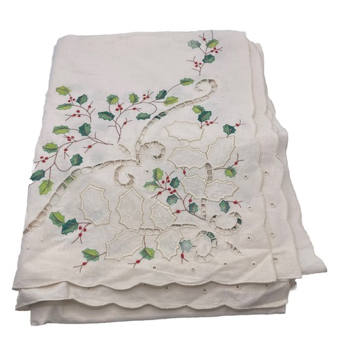 Vtg Lenox Linens  Christmas Table Cloth 16’ x 21’ Holly Embroidery 100% Cotton - Picture 1 of 3