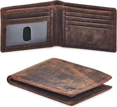 Real Leather Mens Bifold Wallet RFID Blocking Slim Crazy Horse Cognac 