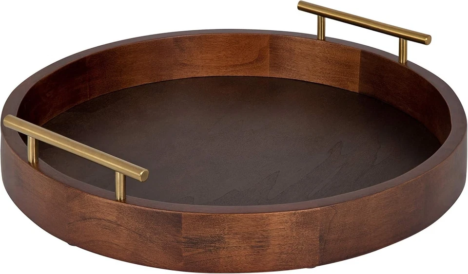 Modern Round Tray with Metal Handles, 18", Walnut & Gold - Image 3 of 4