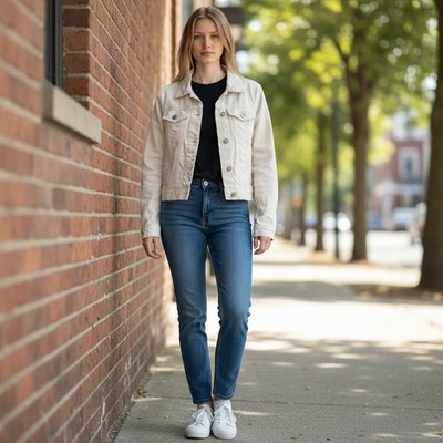 Free People Womens XS Cream Off White Denim Trucker Jacket Button Up Cotton