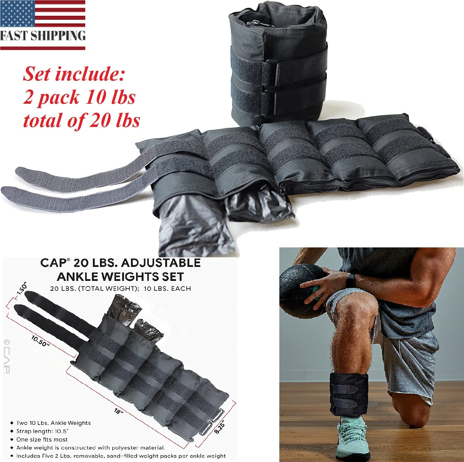 20lbs Adjustable Arm Leg Weights Wrist Ankle Exercise Gym Workout Training Black