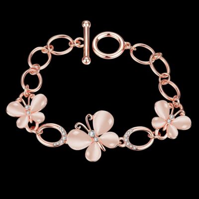 Womens Rose Gold Plated Elegant CZ Opal Butterfly Link Chain