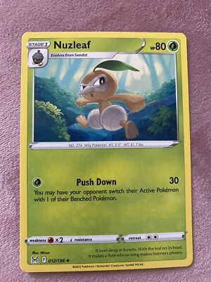 pokemon nuzleaf card Platinum Rising Rivals Single Common 75/111 your opponents Active Pokmon is now Paralyzed Nuzleaf 12/196 Lost Origin Reverse