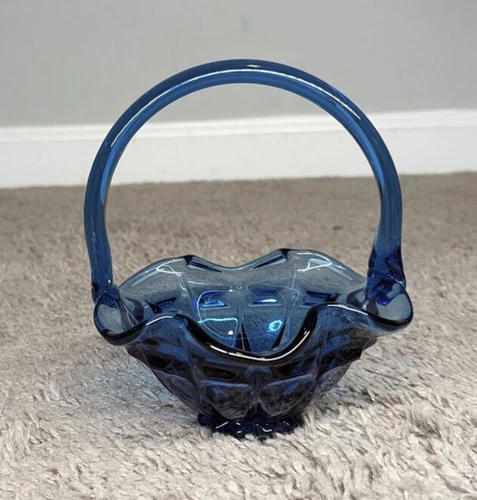Vintage Fenton Blue Thumbnail Pattern Basket