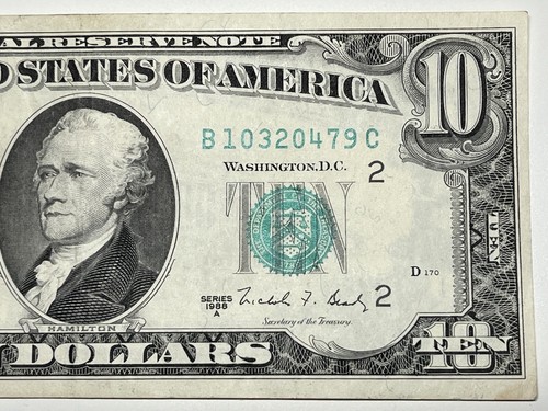 1988 A $10 Ten Dollar Bill Federal Reserve Note New York Vintage Old Currency - Picture 3 of 6