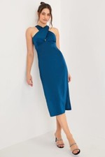 Lulu's NWT Dark Teal Blue Satin Cross-Front Midi Dress - Size Medium