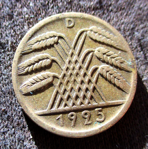 OLD COIN OF GERMANY (WEIMAR REPUBLIC) 10 REICHSPFENNIG 1925 D MUNICH WEAT EARS