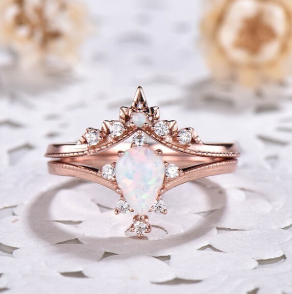 Vintage White Opal Engagement Ring Set,6x8mm Pear Opal Bridal Set